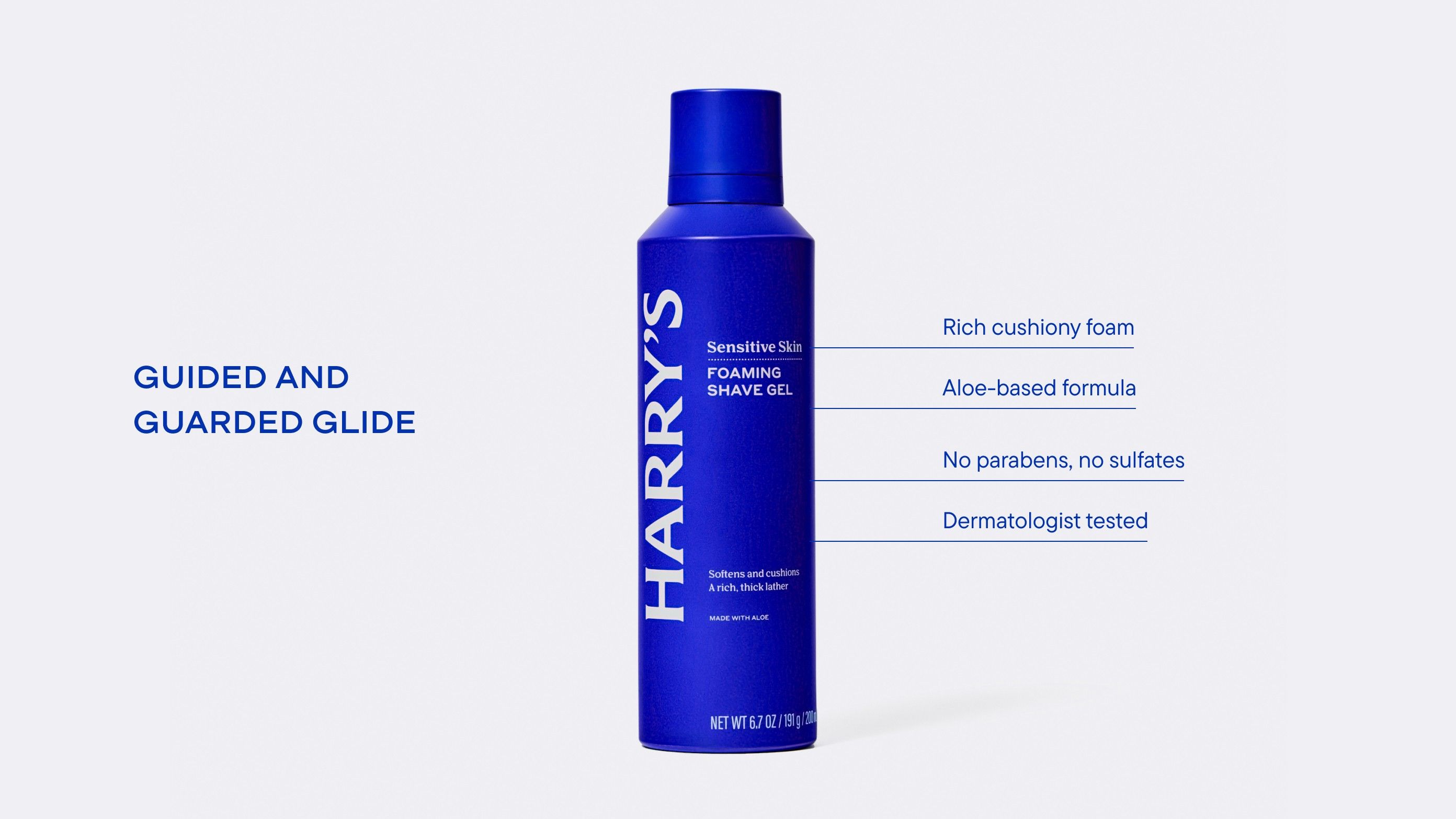 Blue can of HARRY'S Foaming Shave Gel on a white background with product details.