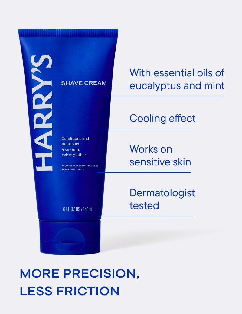 Blue tube of HARRY'S Shave Cream on a white background with product details.