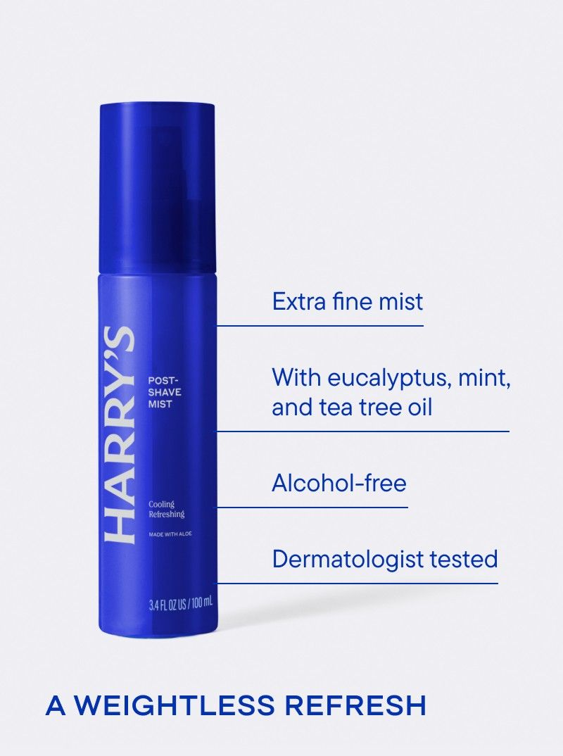 Blue bottle of HARRY'S Post-Shave Mist on a white background with product details.